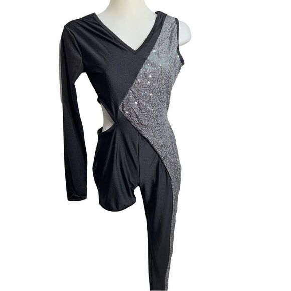 Curtain Call Leotard Adult Small Medium Black Widow Dance Costume One-Leg 3Pc - Picture 4 of 13